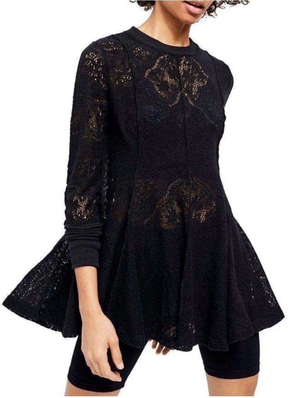 Free People Coffee in the Morning Black Lace Knit Peplum Tunic Top size S